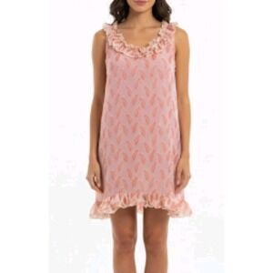 Adele Fado Italy Silk Chiffon Ruffle Mini Dress Feather Print Pink Italy Sz M